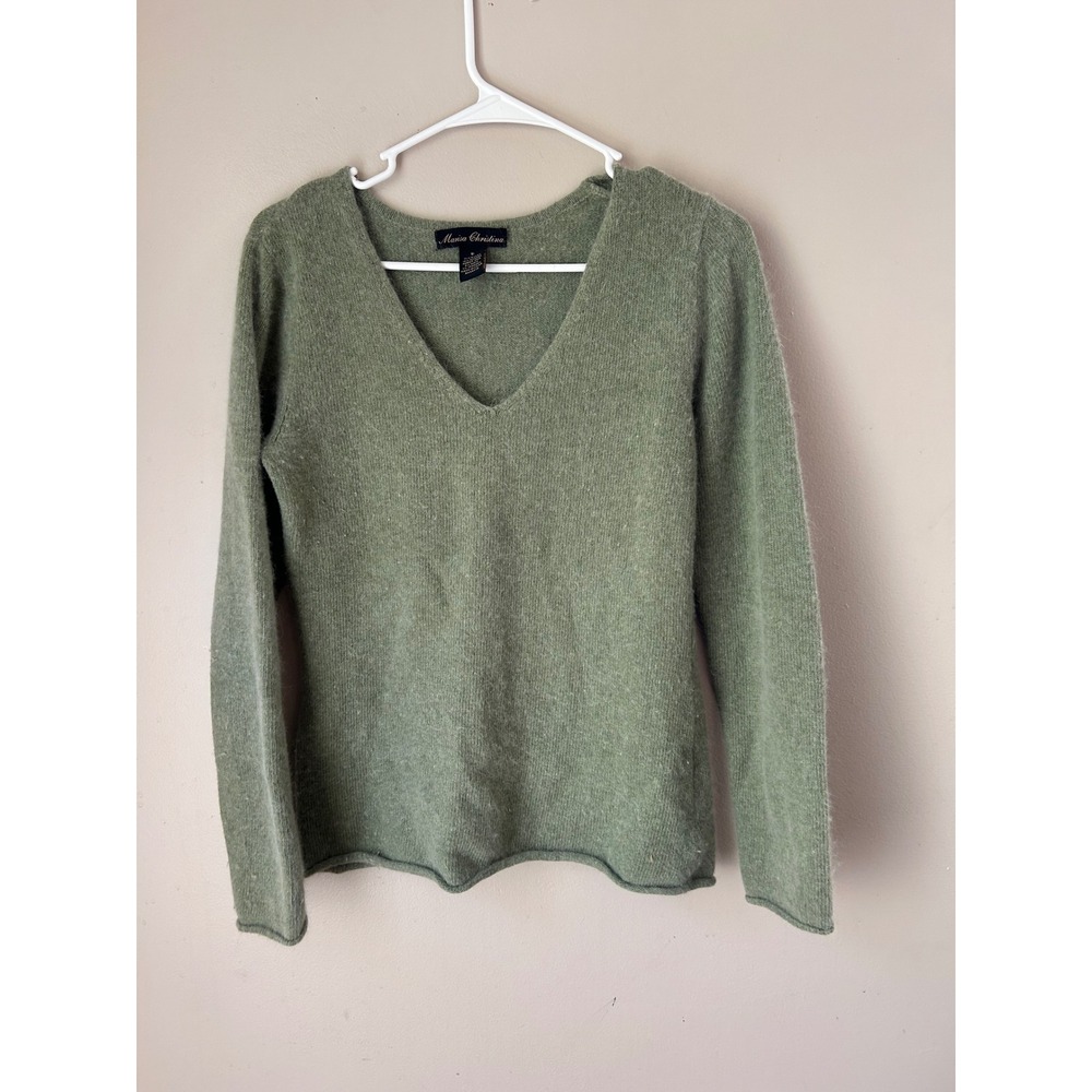 Marisa Christina Angora Rabbit Hair Wool Blend V-Neck Sweater Green Small Lux